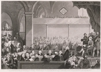 De Algemene Vergadering van de Kerk van Schotland zoals in 1783, gegraveerd door T. Brown, uit 